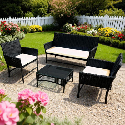 4-piece Garden Sofa Set, Table & Chairs, Wicker Outdoor Rattan Patio Furniture