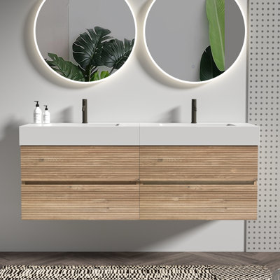 Meuble-lavabo suspendu de 152 cm (60 po) avec lavabo monobloc, tiroirs en chêne brut, poignée dissimulée, laque à base d'eau de qualité E0, glissières de tiroir silencieuses, style double, look milieu du siècle, noir