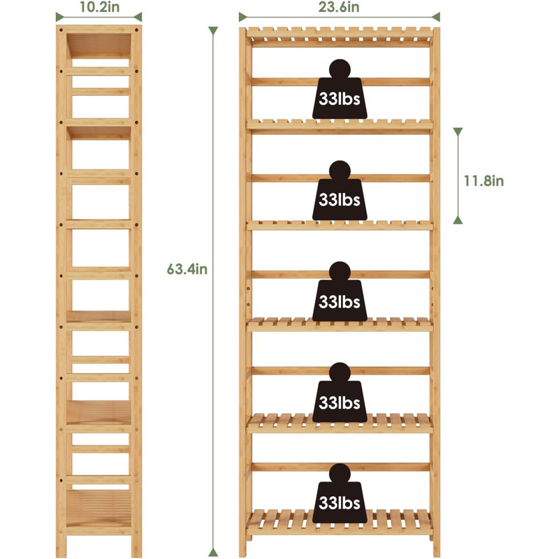 Bamboo Shelf, 6 Tier Bookcase Storage Shelves, Tall Book Rack Shelving Unit, Multipurpose Storage Display Shelf Adjustable Storage Rack