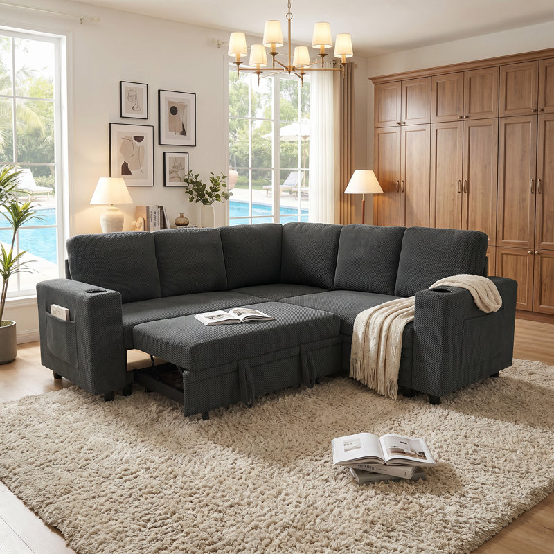 Canapé-lit modulaire en L rembourré Nubby, Tissu gris foncé, Dark Gray