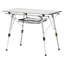 Table de pique-nique extérieure en aluminium argenté, pliable et à hauteur réglable, avec un plateau en maille de 90 cm de large, une structure en acier sans soudure pour une stabilité optimale, et un format compact et enroulable pour un rangement facile dans un garage.