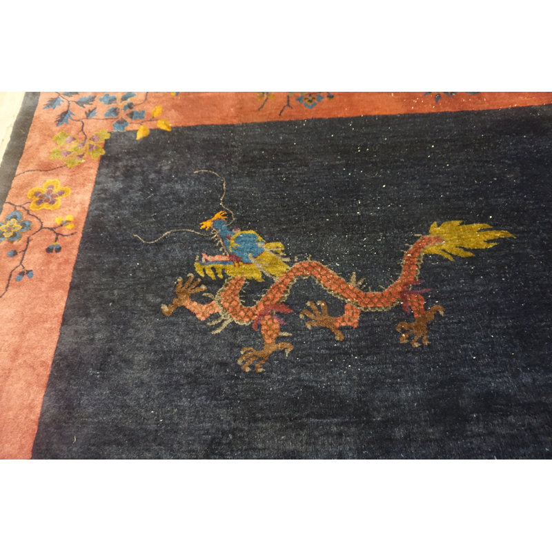 Knotted Chinese Blue Rectangle - Art Deco Antique Room Size 1920s Wool Rug