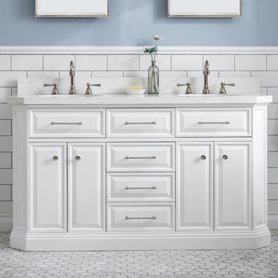 60" Palace Collection Quartz Carrara Cashmere Grey Bathroom Vanity Set With Hardware And F2-0012 Faucets in Chrome Finish