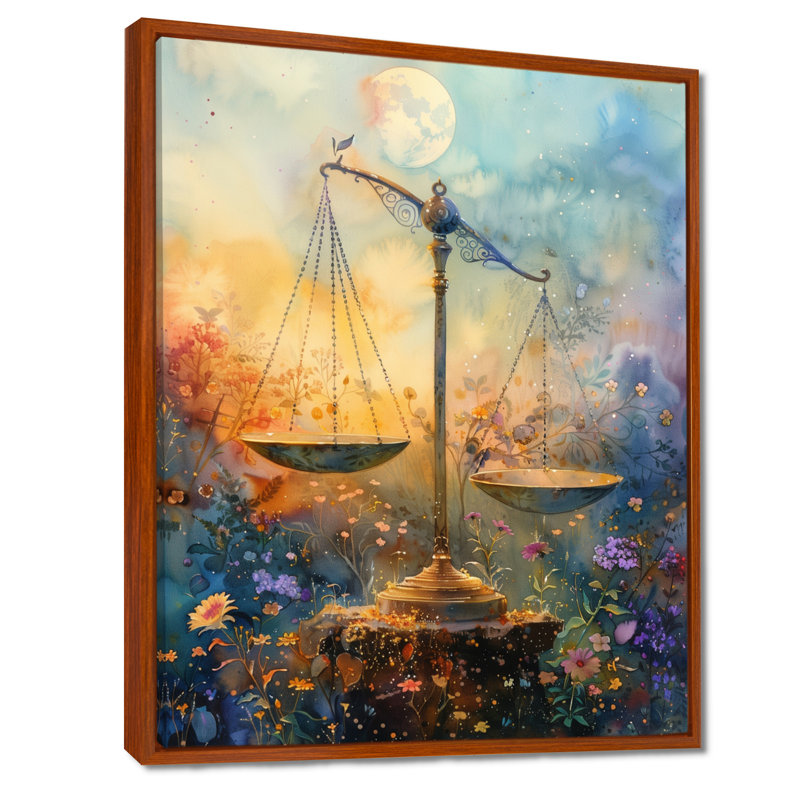 Astrologie équilibrée jaune et bleue, Balance I - Astronomie, art mural, H 12 po x l 20 po, Cadre flottant brun