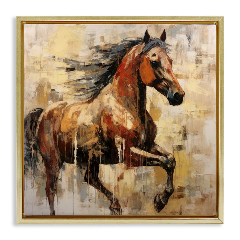 Cheval brun moderne, H 25 po x l 25 po, Cadre flottant métallique doré