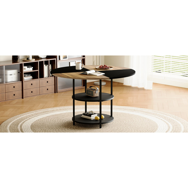 47.3-Inch Modern Dining Table With Dual Storage Spaces - Wood And Black Fan-Shaped Decor For Home 47.3" Double-Layered Space Design Graceful