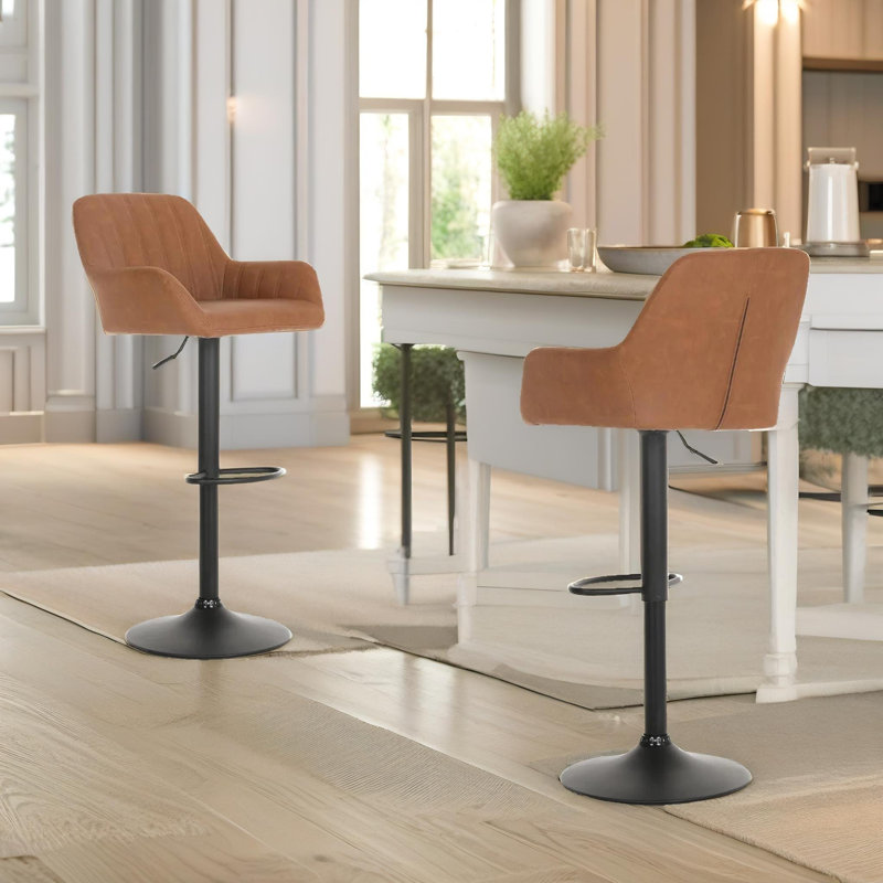 Begajeta Two Adjustable Height Bar Stools, Swivel Stool, Vegan Leather, Kitchen Furniture