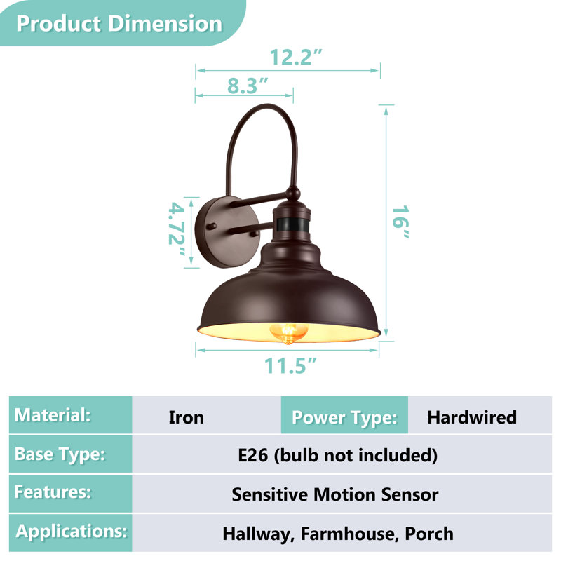 2-pack Motion Sensor Farmhouse Outdoor Barn Light, Dusk-to-dawn Sensor Wall Light, Crimson/White