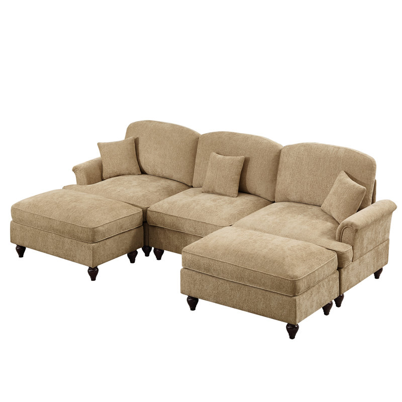 Classic Comfy Modular U Shape Sectional Sofa And Removable Ruffles Pleats Skirts And Spindle Legs, Upholstered Chenille Deep Seat Cloud Sofa With Movable Ottomans