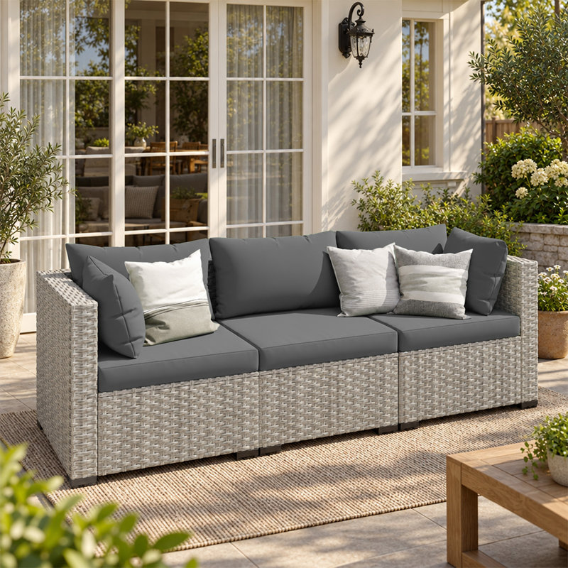 Ensemble de canapé extérieur en osier pour 3 personnes avec coussins, Gray