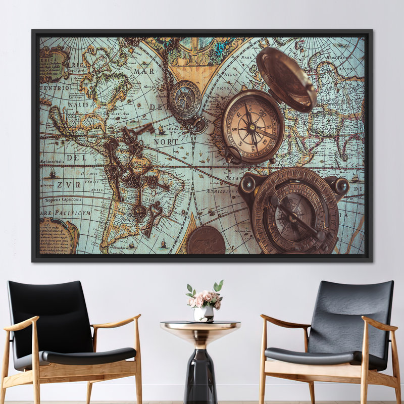 Carte du monde et boussole en laiton, art mural nautique antique, H 41 po x l 94 po, Cadre flottant noir