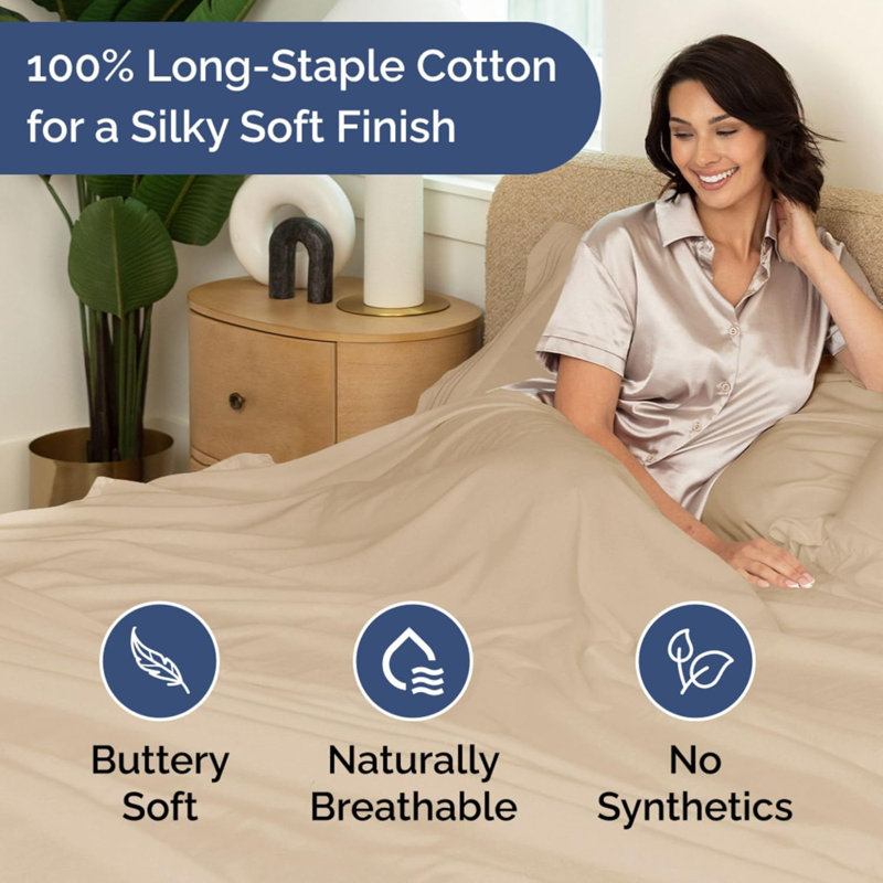 Drap en coton 400 fils - Drap rafraîchissant, respirant et doux, Crème, Très grand lit