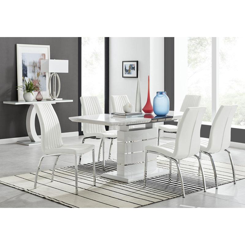 Renne Modern High Gloss Extendable Dining Table Set With 6 Soft Touch Faux Leather Dining Chairs, White/Silver