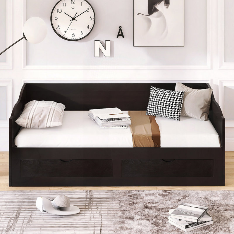 Wooden Daybed with Trundle Bed and Two Storage Drawers , Extendable Bed Daybed,Sofa Bed with Two Drawers, Espresso