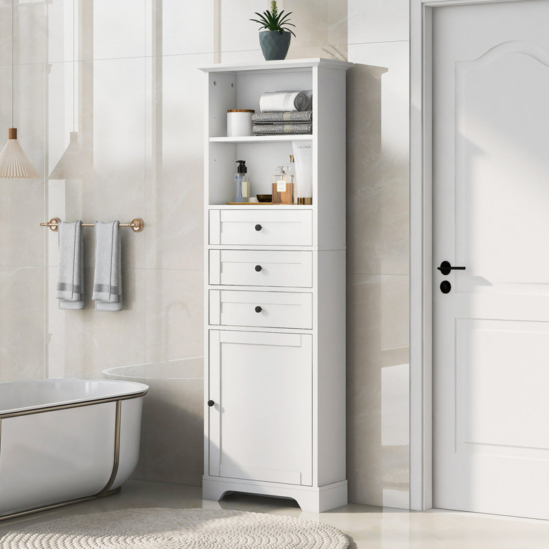 Grande armoire de rangement avec 3 tiroirs et tablettes réglables pour la salle de bain, la cuisine et le salon, panneau de fibres à densité moyenne avec finition peinte