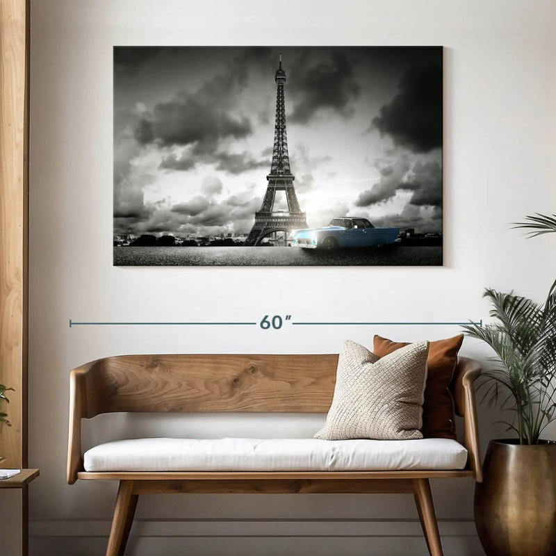 Ravi voiture rétro et Eiffel à Paris, H 32 po x l 48 po