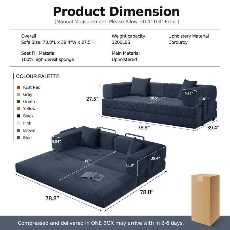 78.8''Sleeper Couch Bed for Livingroom,Convertible Modular Sofa with Armrest Pillow,Modular Foldable Corduroy Couches in a Box,No Assembly