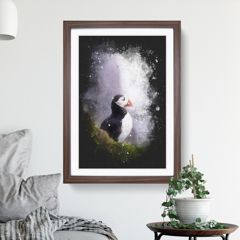 Atlantic Puffin Birds Vol.7 Paint Splash - Picture Frame Graphic Art, 65cm H x 48cm W x 2cm D, Walnut