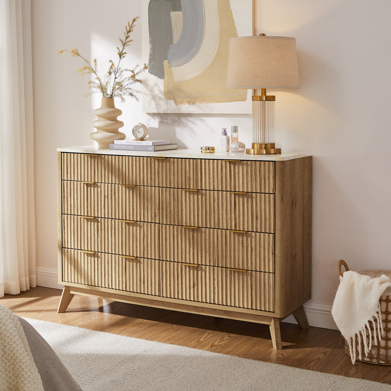 9-Drawer Dresser with Faux Marble Top, Storage Organizer for Bedroom and TV Stand for Living Room, Tan
