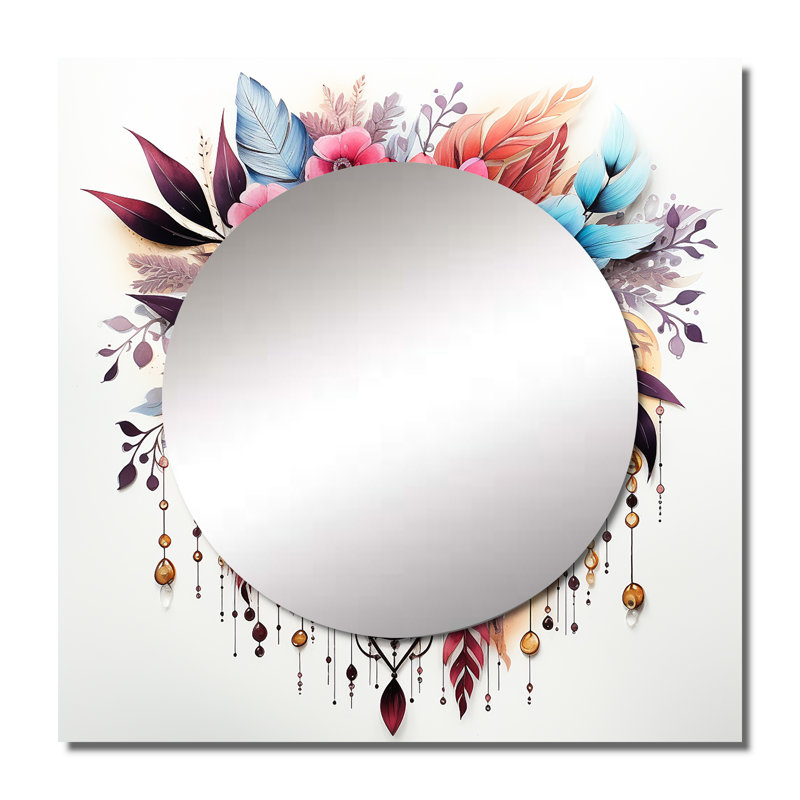 Red Boho Flowers And Blue Feathers II - Dream Catcher Square Mirror Wall Art For Bathroom, 36" x 36"