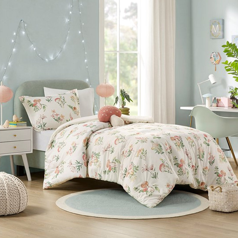 Édredon en microfibre double / grand, motif floral champignon, double / grand avec coussin, microfibre