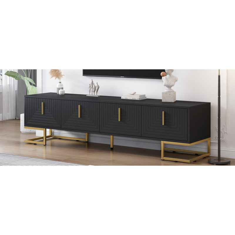 Meuble télé moderne avec pieds en métal et poignées dorées pour téléviseur de 80 po ou moins, console média, Noir; or