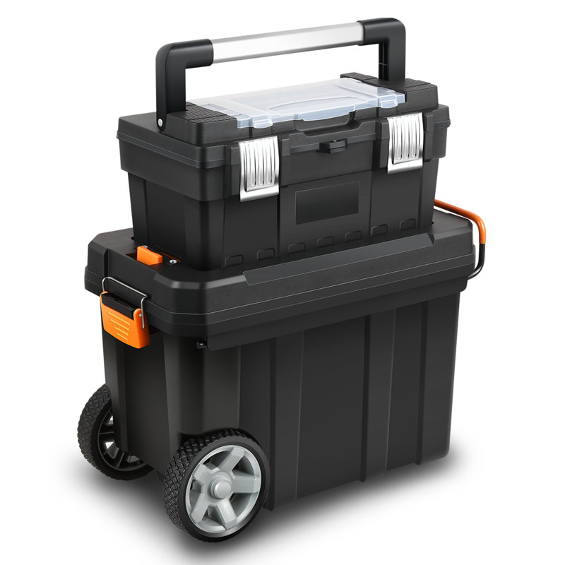 2-Tier Stackable Tool Box Trolley Heavy-Duty Portable Tool Storage With Extendable Handle??