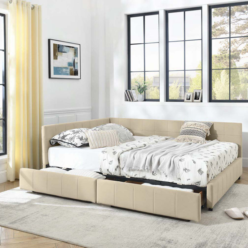 Lit de jour en velours avec rangement, Beige, Grand lit
