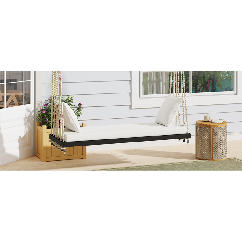 Acacia Wood Patio Swing Chair With Cushion And Pillows, 10.8Ft Hemp Ropes For Garden, Backyard, Lawn, Black, Black, White