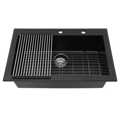 33"L x 22"W Black Granite Composite Kitchen Sink Drop In Single Bowl Kitchen Sink with Two Faucet Holes,Bottom Grid