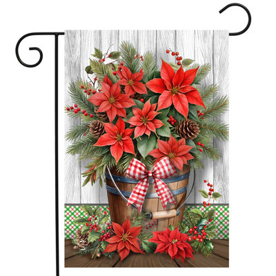Winter Christmas Poinsettia Pail Garden Flag 12x18