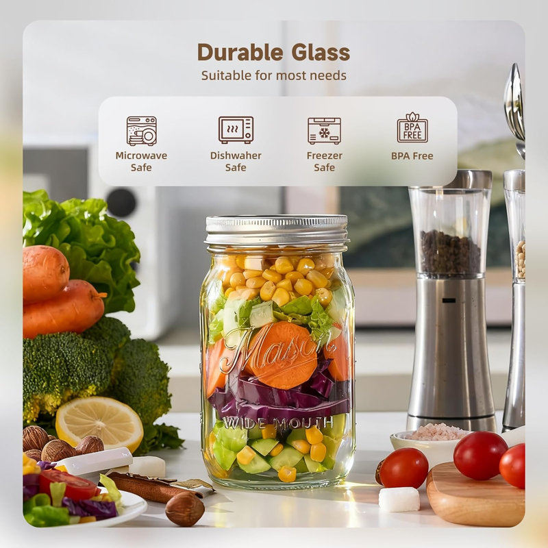 Bocaux Mason 950 ml (lot de 12) à large ouverture avec couvercles et bagues hermétiques | Bocaux en verre d'un litre pour la mise en conserve, les conserves et les marinades.