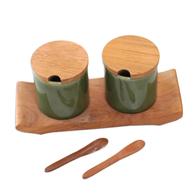 Ensemble de condiments en céramique et bois de teck Walburn Handmade Green Start (5 pièces)