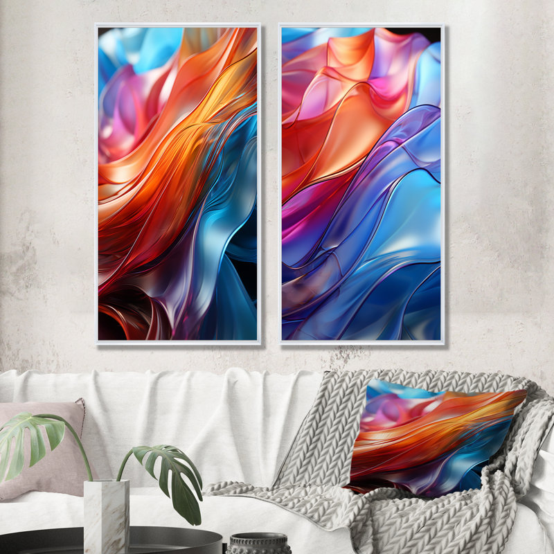 Arc-en-ciel abstrait réfractions - ensemble de 2 reproductions d'art abstrait, Cadre blanc, H 40 po x l 41 po