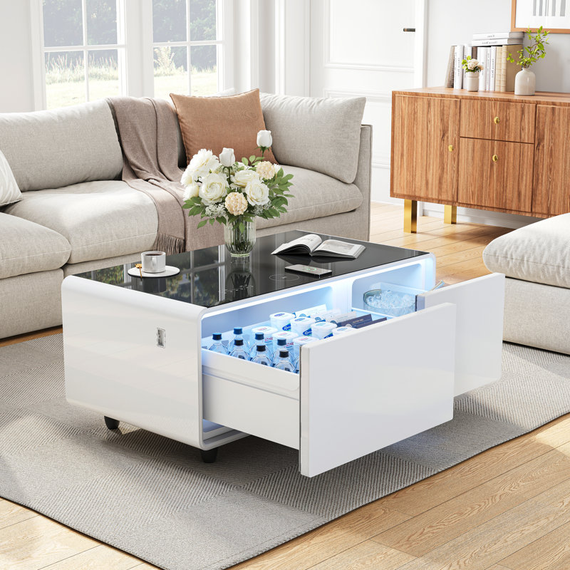  Smart Coffee Table with 93L Built-In Fridge & Freezer, Bluetooth Speakers, Wireless Charging, USB Ports, LED Lighting, Modern Living Room Refrigerated Table