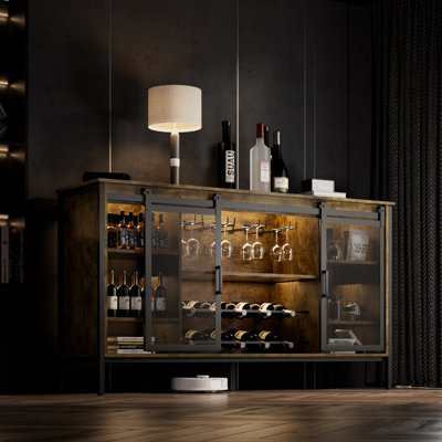 Buffet de 55 po de largeur avec portes de grange coulissantes, armoire à café avec porte-bouteilles et table basse avec lumières DEL