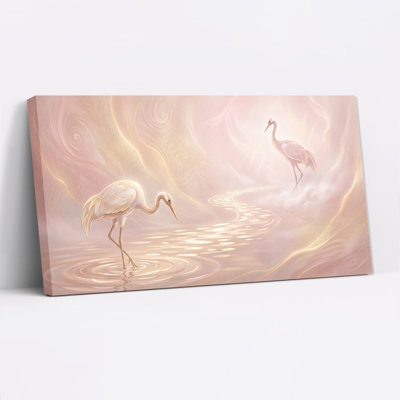 Deux grues blanches dans un tourbillon d'eau rose et or - Tableau sur toile