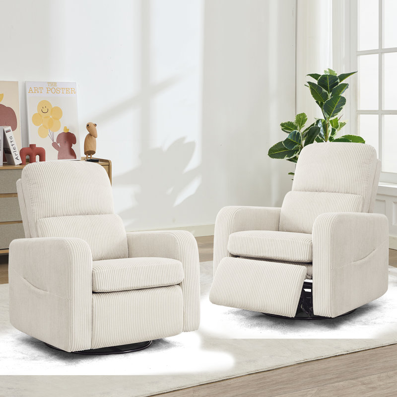 Modern Upholstered Manual Recliner Nursery Chair with Swivel and Rocker (Set of 2), Teddy White