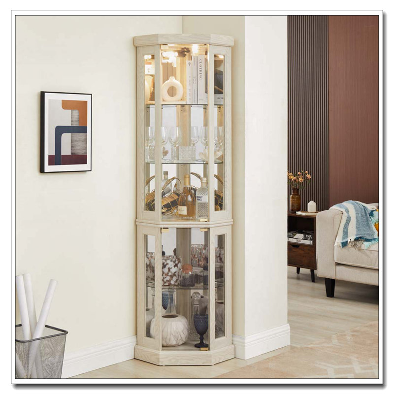 Vitrine de coin avec lumière et tablettes réglables en verre, Blanc