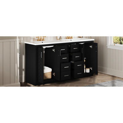 Meuble-lavabo de 60 po avec lavabo en céramique de 30 po, bois massif et 6 tiroirs, 4 portes à fermeture douce, lavabo de finition de 60 po et installation facile