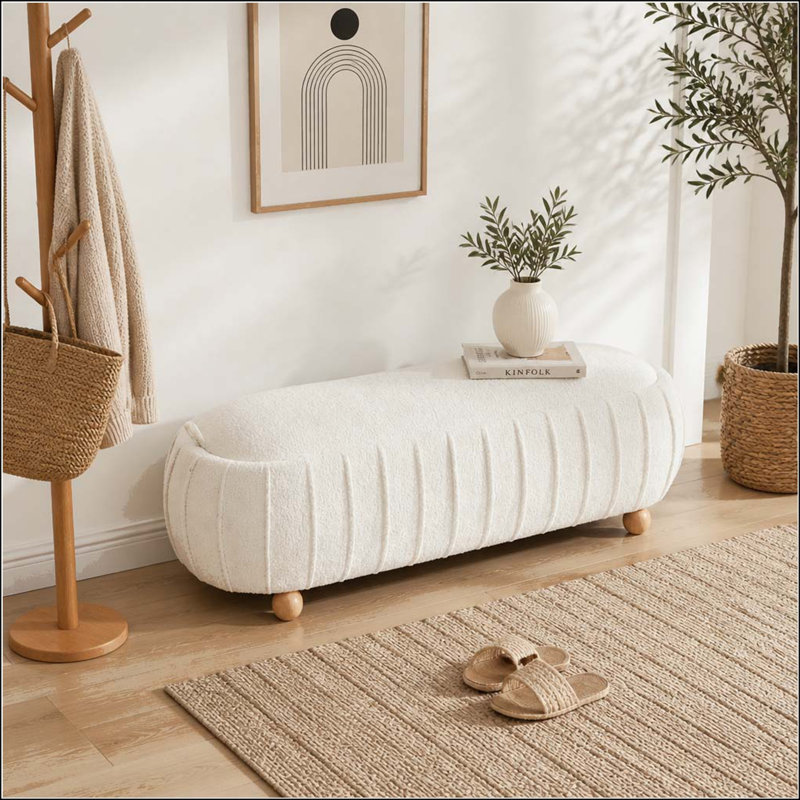 Banc de rangement en chenille 55,25 pouces avec pieds en bois d'hévéa, Beige, Beige