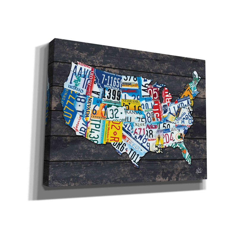 «USA Licence Plate Map» par Britt Hallowell, art mural sur toile, H 12 po x l 16 po x P 0,75 po