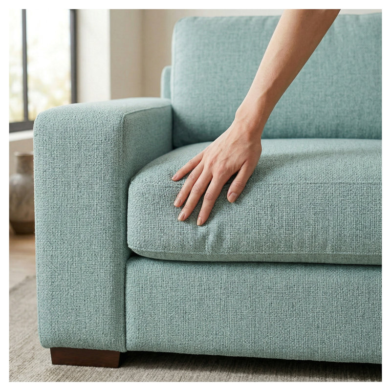 Canapé à 2 accoudoirs Modena en polyester bleu ou vert sauge avec accoudoirs carrés et structure en bois