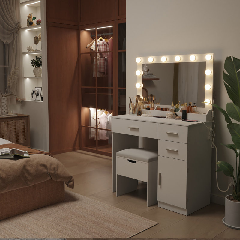 Coiffeuse avec grand miroir et lumières, couleur / luminosité réglable, 2 prises de courant / 2 ports USB, bureau de maquillage blanc avec tabouret de rangement, 3 tiroirs, 1 armoire, 3 espaces de rangement ouverts