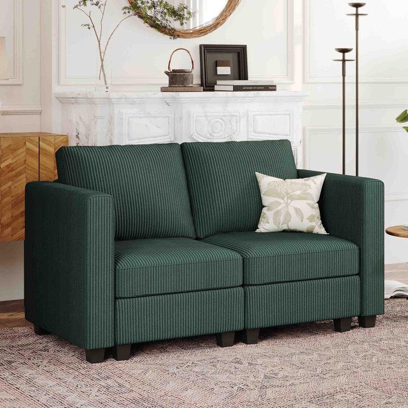 Vevey 59'' Wide Corduroy Modular Loveseat Storage Sofa Double Seat Couch Apartment Lounge Sofa, Green Corduroy
