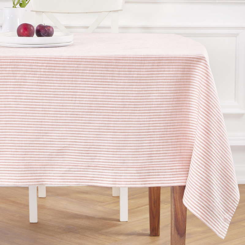 100% Pure Linen Tablecloth, 108" L x 60" W, Peach/White, Narrow Stripe