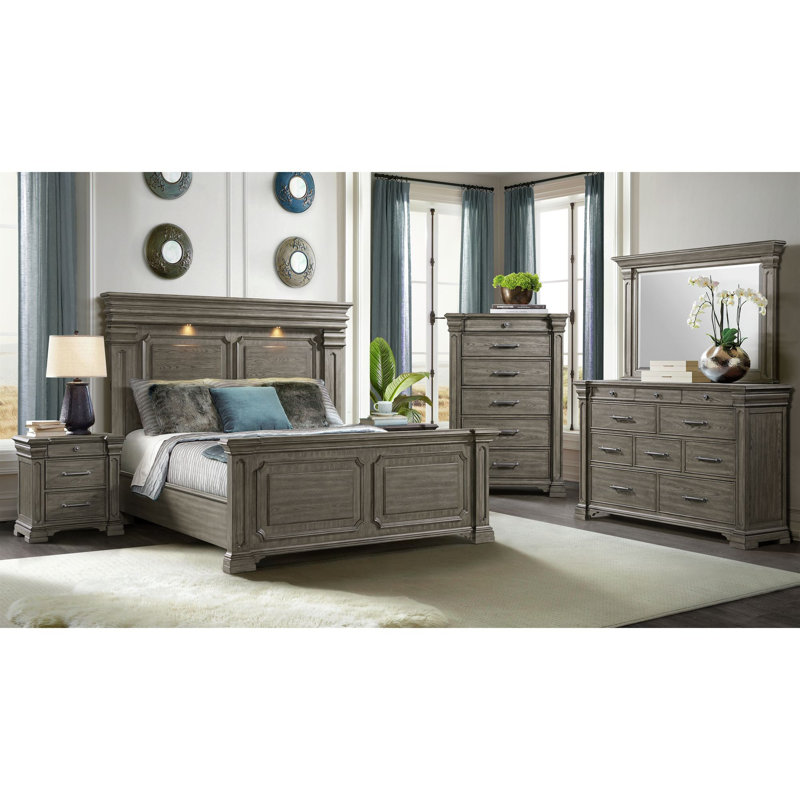 Ensemble de chambre à coucher Adline, Gris, 5 pièces: lit, commode, miroir, commode, table de, Très grand lit