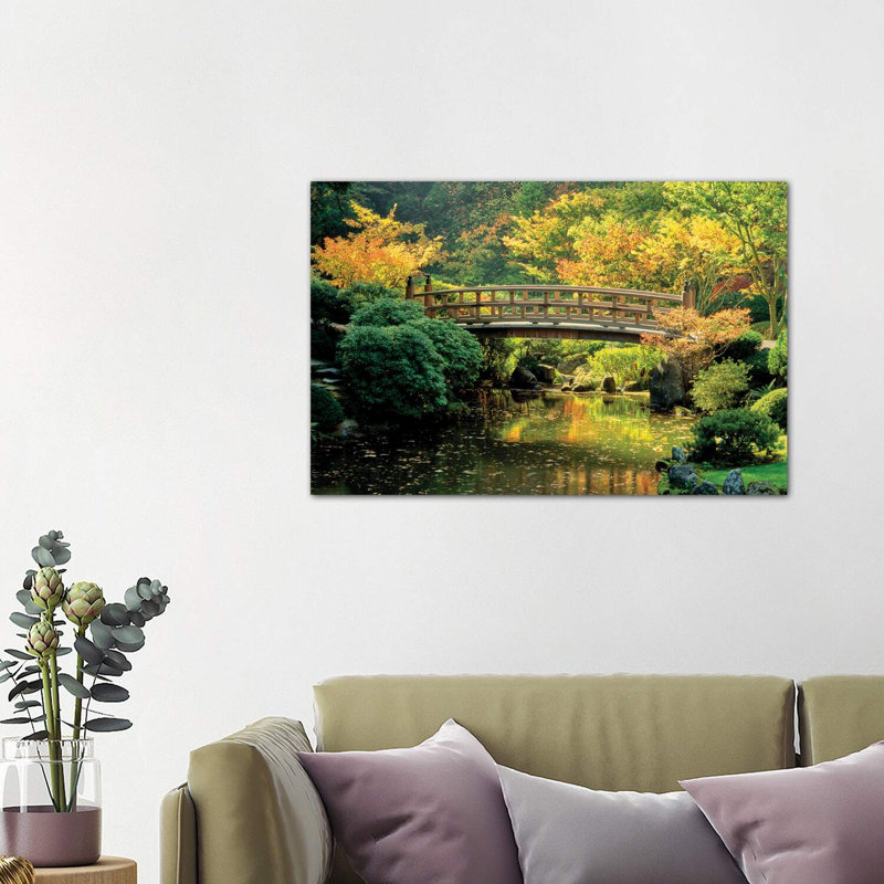 Autumn At The Moon Bridge, Japanese Garden, Portland, Oregon, USA - Wrapped Canvas Print