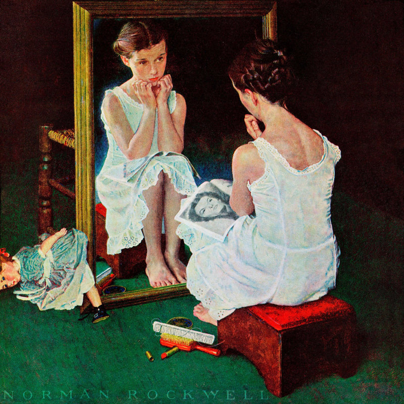 «Girl at the Mirror» par Norman Rockwell - reproduction d'art sur toile, H 24 po x l 24 po