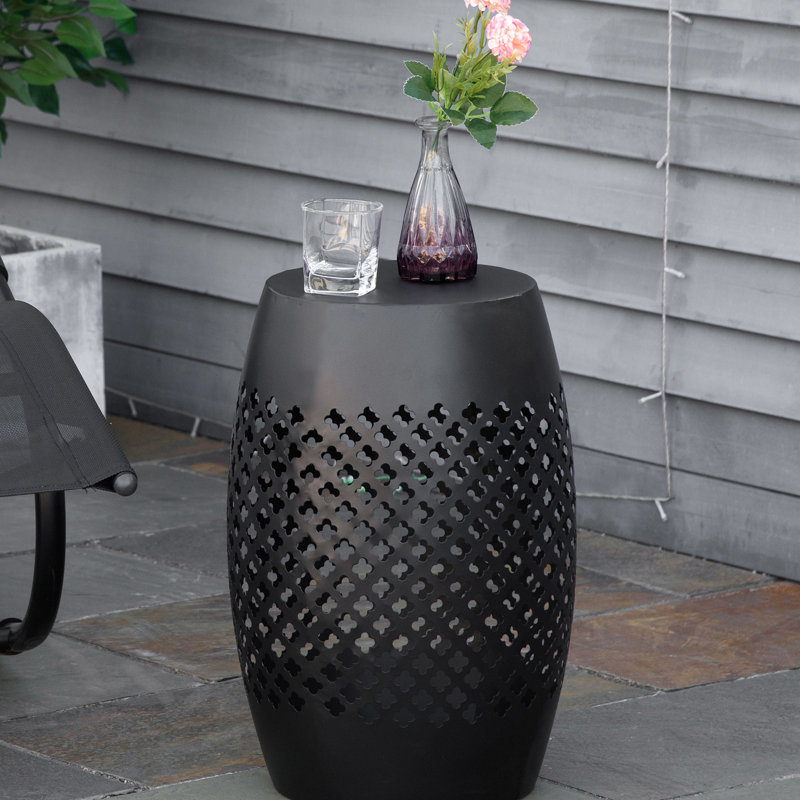 Black 12.5" Patio Table, Steel Round Hollow Drum Side Table For Indoor Outdoor, , Wipe Clean Geometric Design Outdoor End Black, , Stain-, Pattern